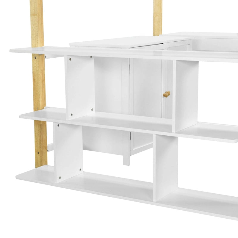 White Two-Tone Loft Bed with Storage Cabinet and Foldable Desk