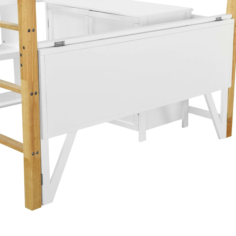 White Two-Tone Loft Bed with Storage Cabinet and Foldable Desk