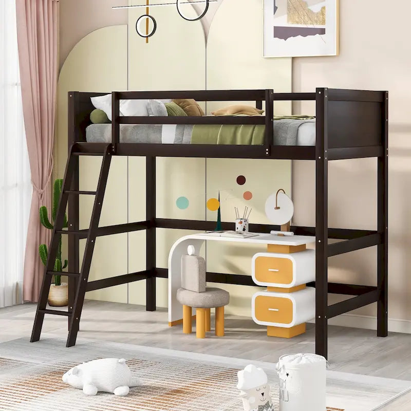 Espresso Solid Wood Twin Loft Bed with Safety Guardrail and Ladder