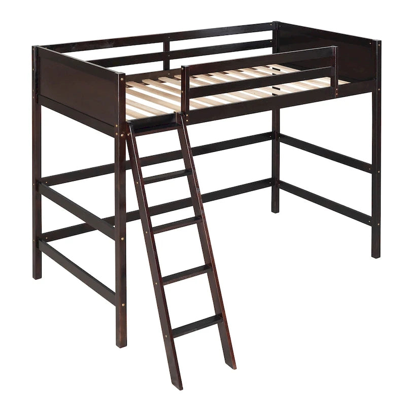 Espresso Solid Wood Twin Loft Bed with Safety Guardrail and Ladder