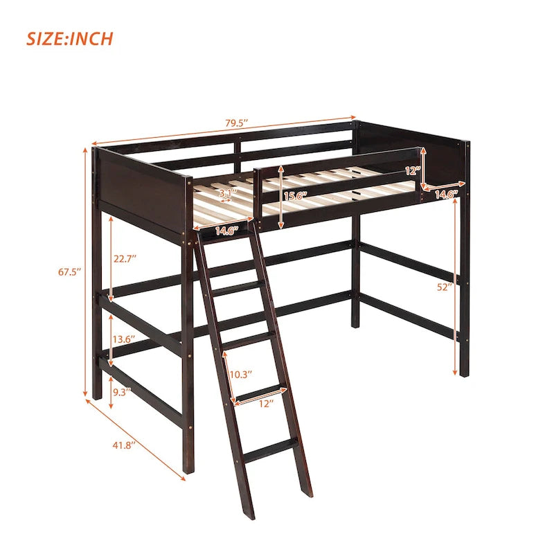 Espresso Solid Wood Twin Loft Bed with Safety Guardrail and Ladder