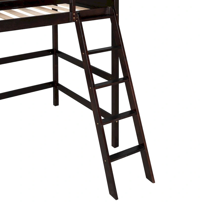 Espresso Solid Wood Twin Loft Bed with Safety Guardrail and Ladder