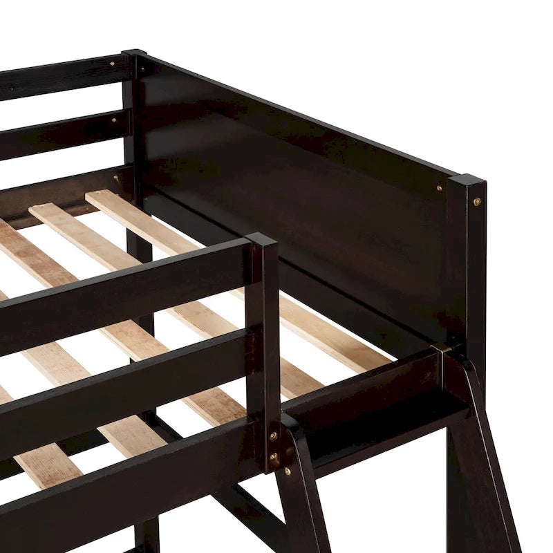 Espresso Solid Wood Twin Loft Bed with Safety Guardrail and Ladder
