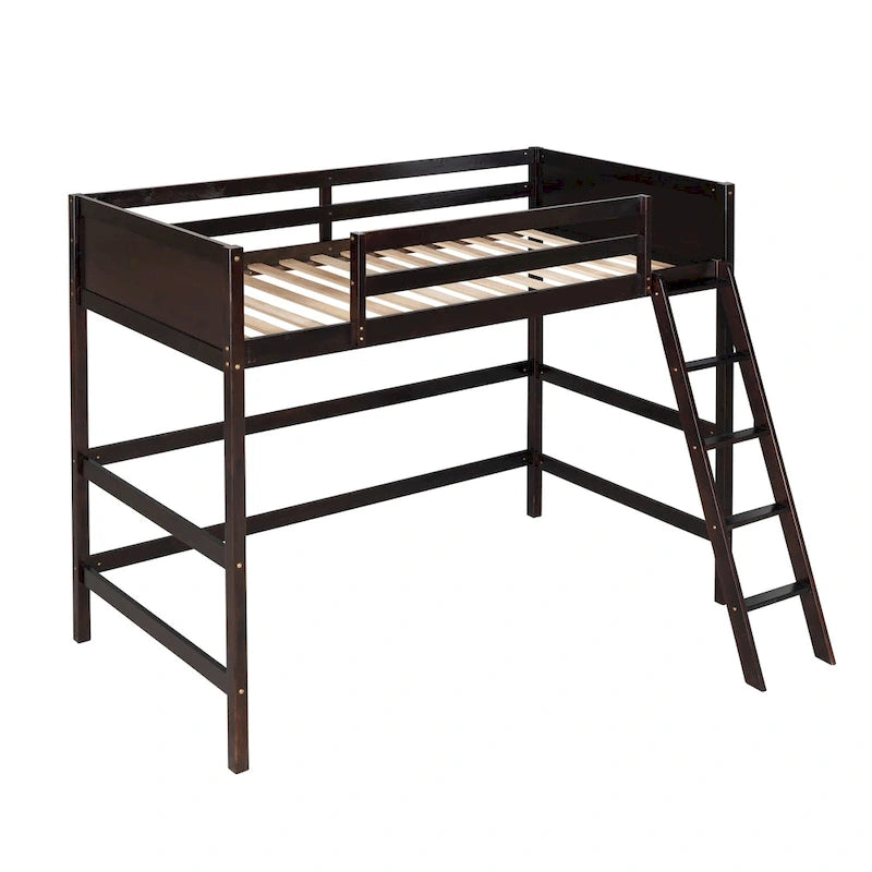 Espresso Solid Wood Twin Loft Bed with Safety Guardrail and Ladder