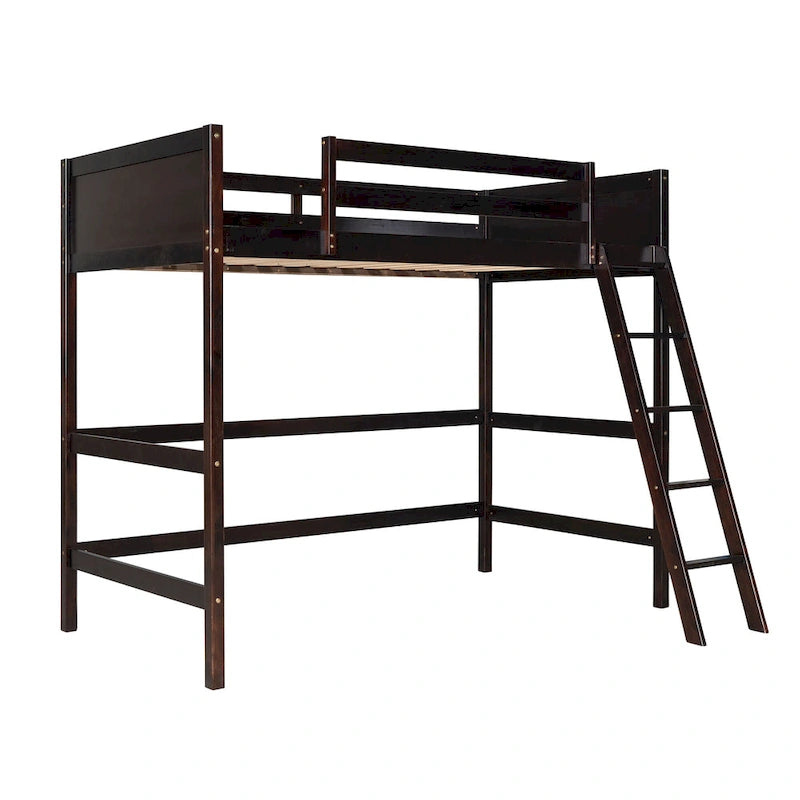 Espresso Solid Wood Twin Loft Bed with Safety Guardrail and Ladder