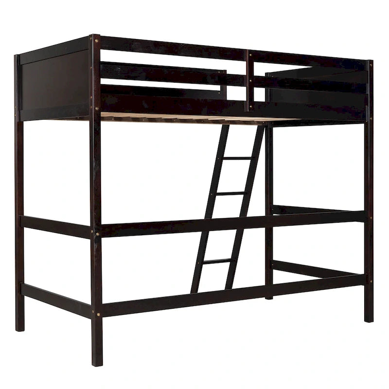 Espresso Solid Wood Twin Loft Bed with Safety Guardrail and Ladder