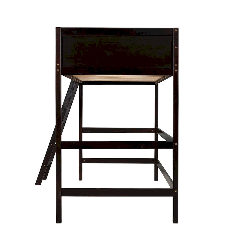 Espresso Solid Wood Twin Loft Bed with Safety Guardrail and Ladder