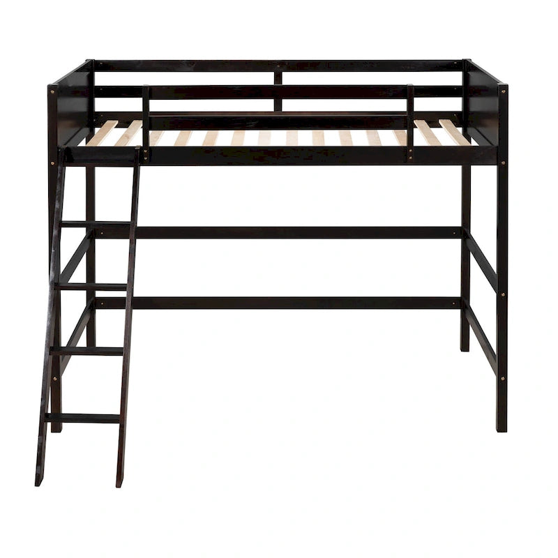 Espresso Solid Wood Twin Loft Bed with Safety Guardrail and Ladder