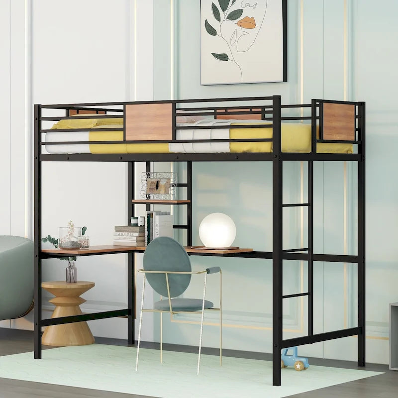 Black Metal Loft Bed with Desk Shelf Ladder Guardrail Twin