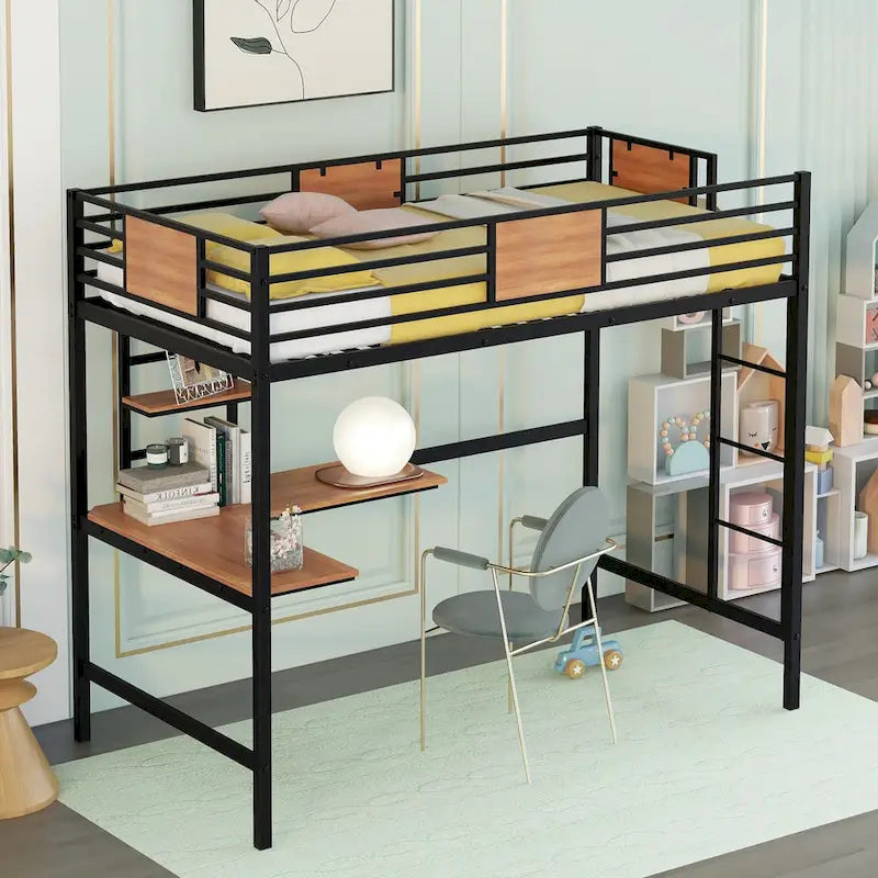 Black Metal Loft Bed with Desk Shelf Ladder Guardrail Twin