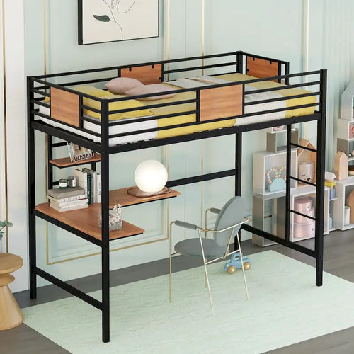 Black Metal Loft Bed with Desk Shelf Ladder Guardrail Twin