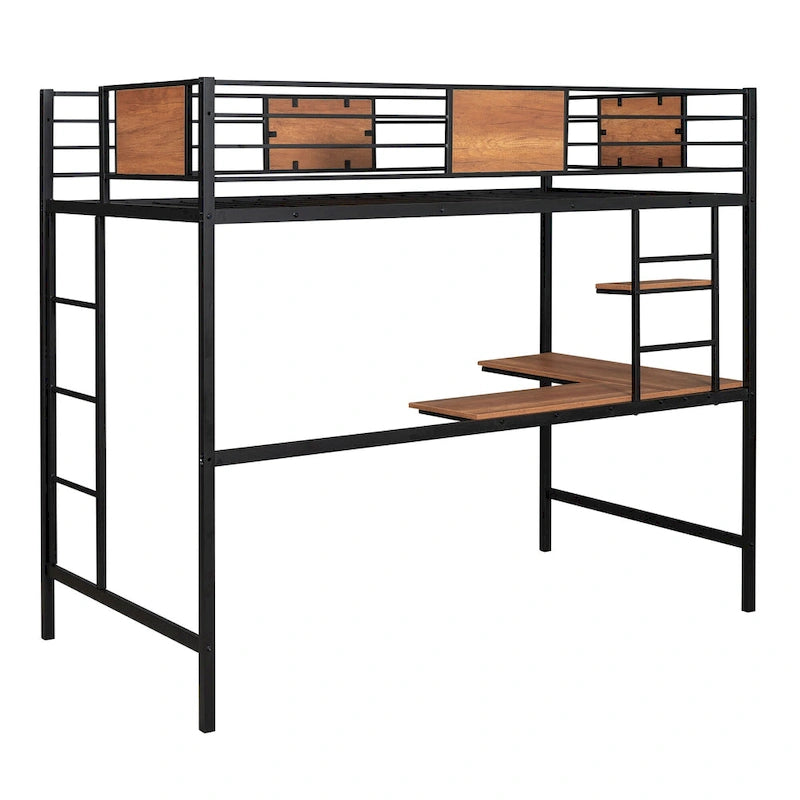Black Metal Loft Bed with Desk Shelf Ladder Guardrail Twin