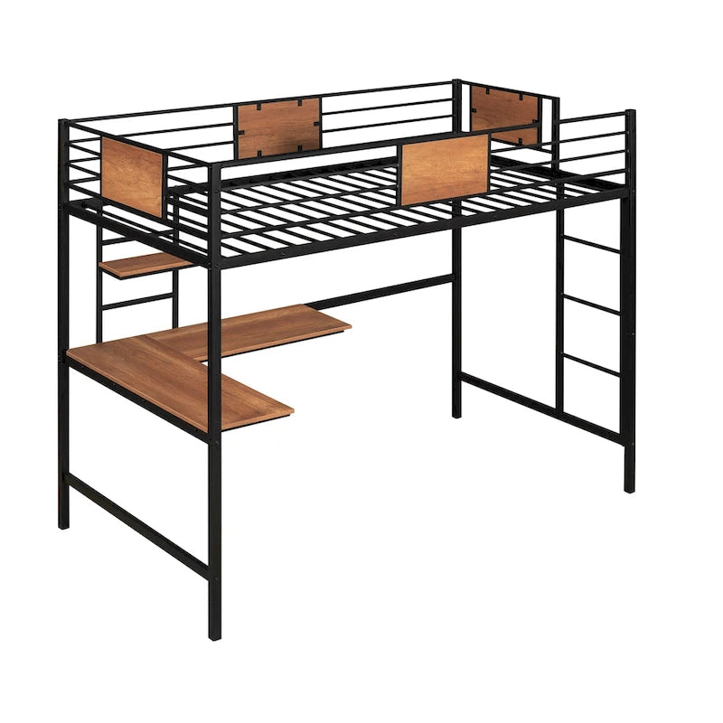 Black Metal Loft Bed with Desk Shelf Ladder Guardrail Twin
