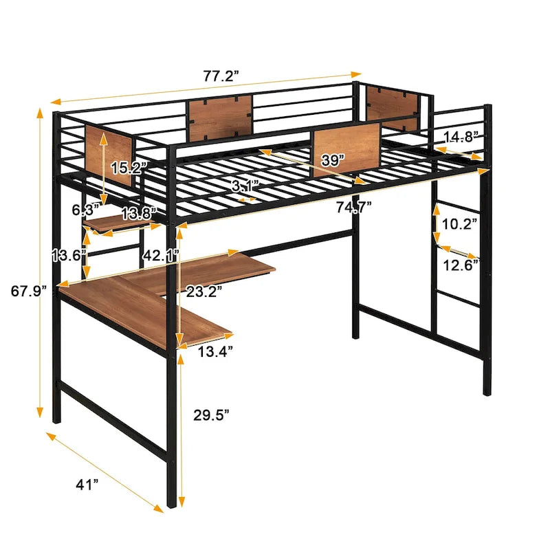 Black Metal Loft Bed with Desk Shelf Ladder Guardrail Twin
