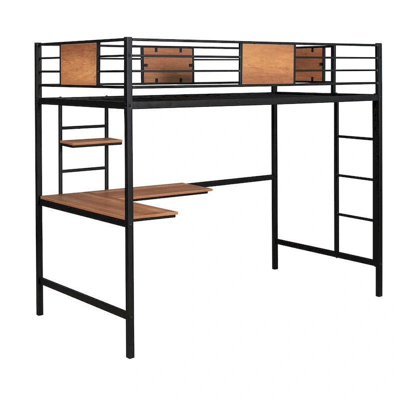 Black Metal Loft Bed with Desk Shelf Ladder Guardrail Twin