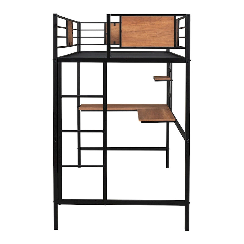 Black Metal Loft Bed with Desk Shelf Ladder Guardrail Twin