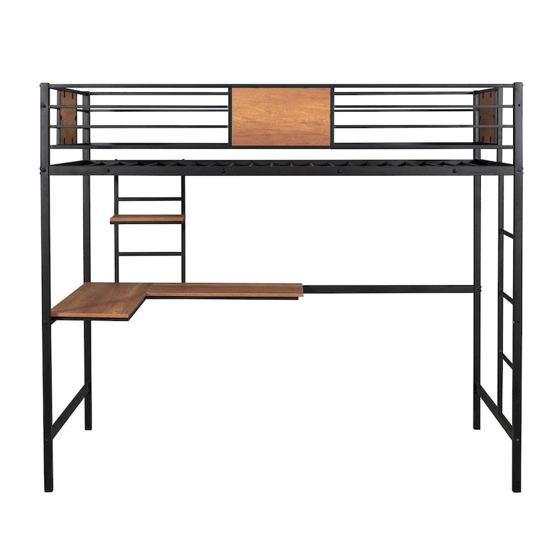 Black Metal Loft Bed with Desk Shelf Ladder Guardrail Twin