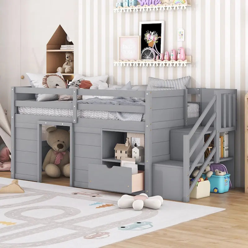 Gray Twin Low Loft Bed with Staircase Drawer and Storage Shelf