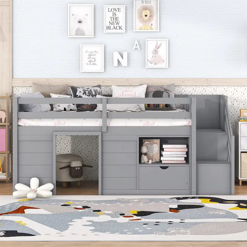 Gray Twin Low Loft Bed with Staircase Drawer and Storage Shelf