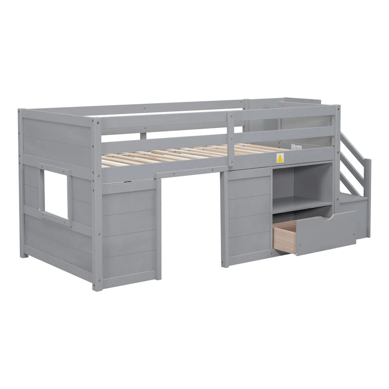 Gray Twin Low Loft Bed with Staircase Drawer and Storage Shelf