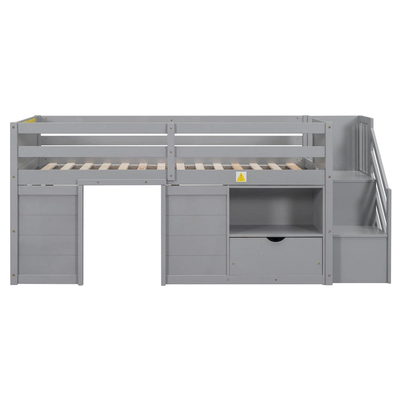 Gray Twin Low Loft Bed with Staircase Drawer and Storage Shelf