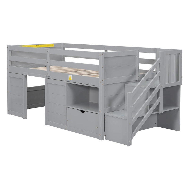 Gray Twin Low Loft Bed with Staircase Drawer and Storage Shelf