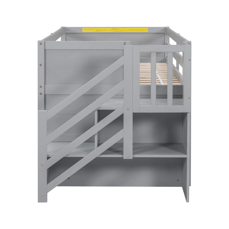 Gray Twin Low Loft Bed with Staircase Drawer and Storage Shelf