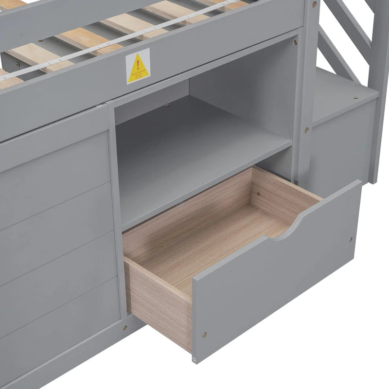 Gray Twin Low Loft Bed with Staircase Drawer and Storage Shelf