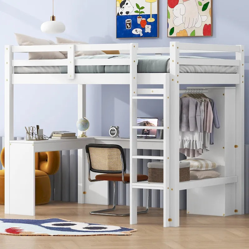White Pine Wood Loft Bed with L-Shaped Desk and Storage Shelves