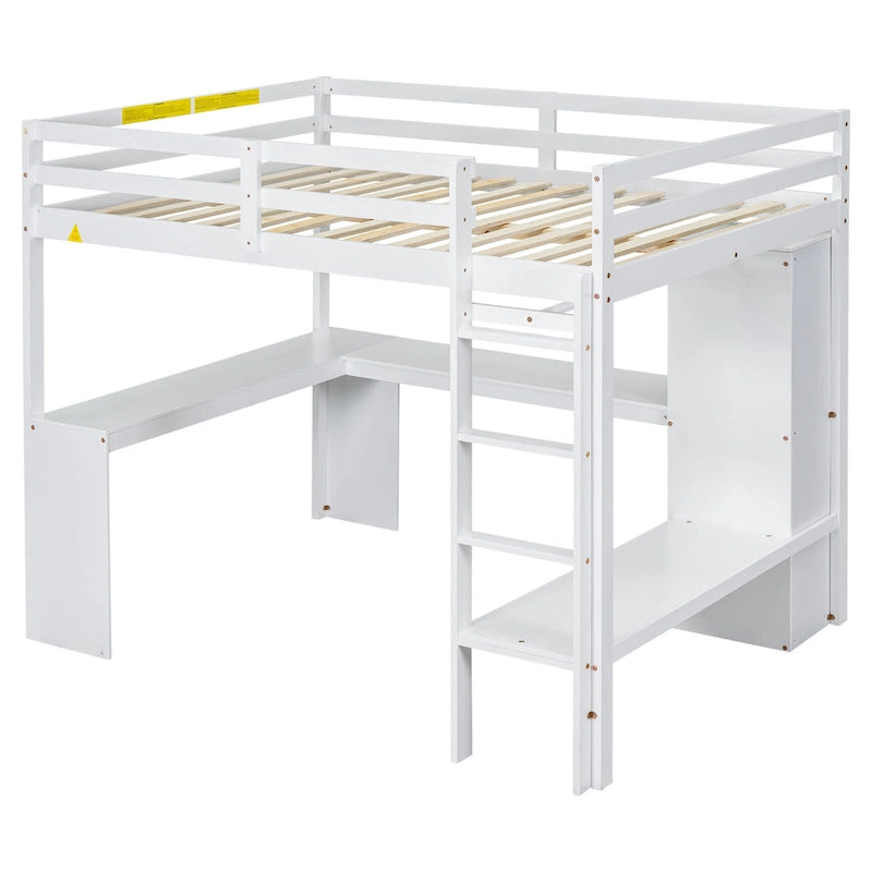 Lit mezzanine blanc en bois de pin avec bureau en L et étagères de rangement