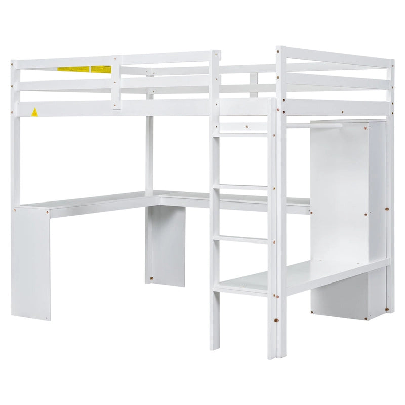 Lit mezzanine blanc en bois de pin avec bureau en L et étagères de rangement