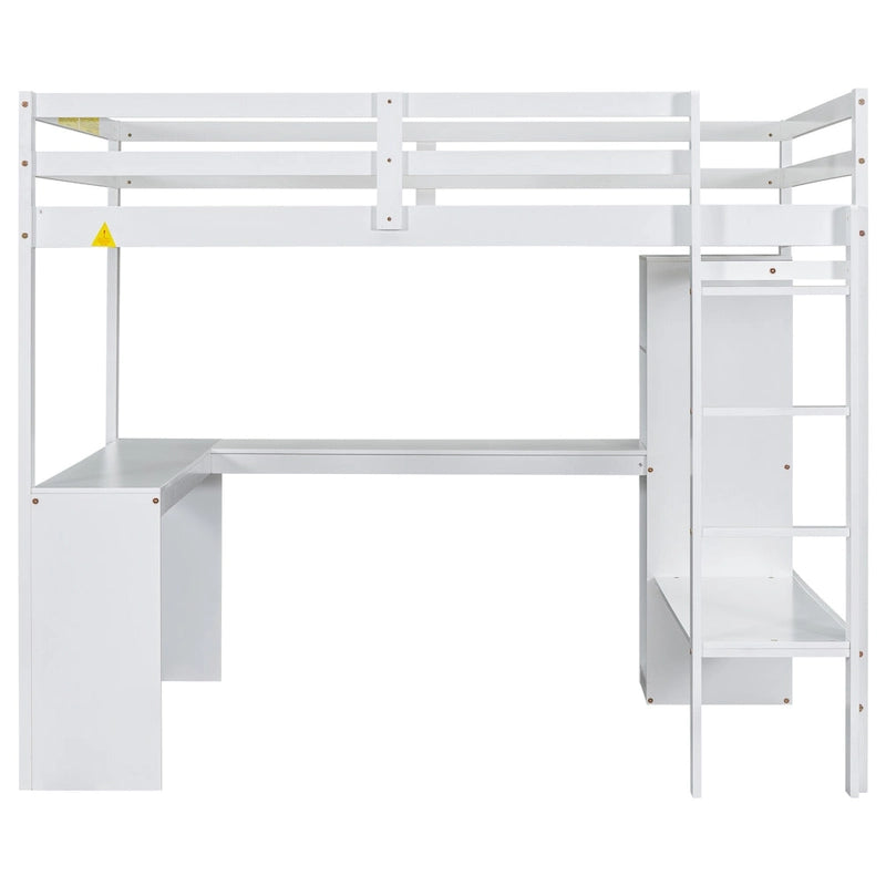 Lit mezzanine blanc en bois de pin avec bureau en L et étagères de rangement