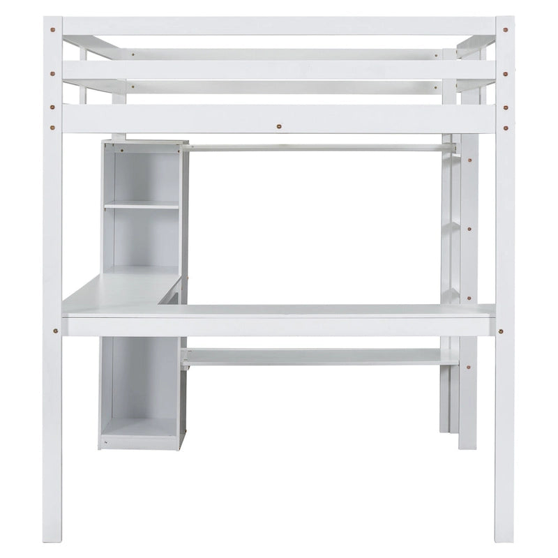 Lit mezzanine blanc en bois de pin avec bureau en L et étagères de rangement