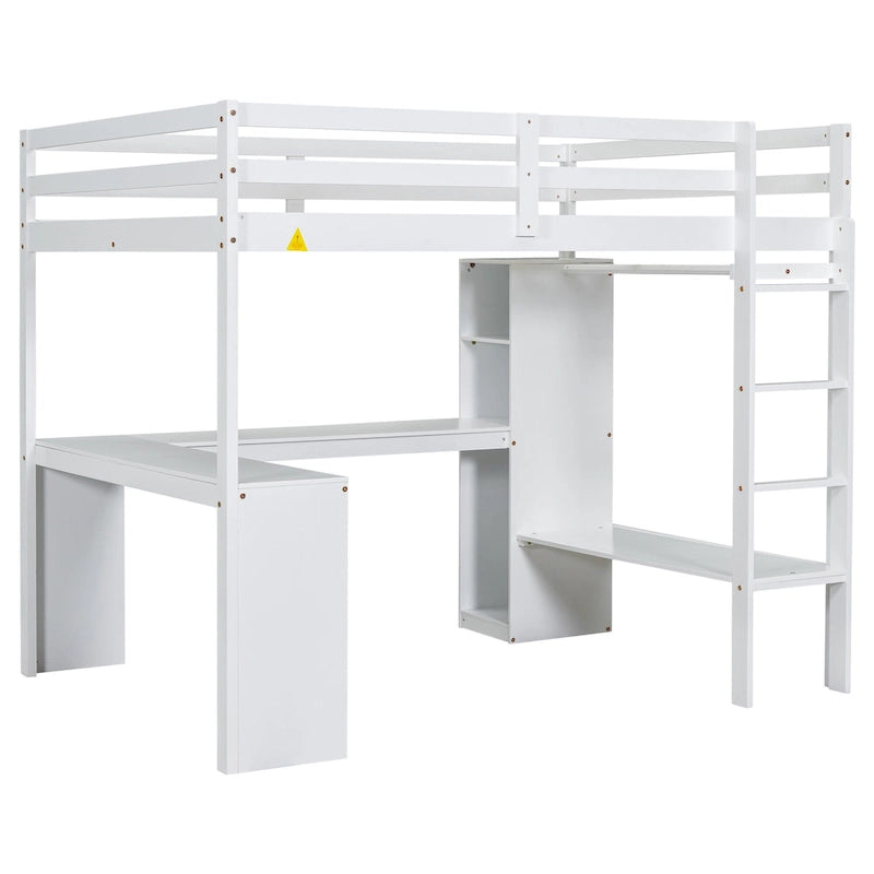 Lit mezzanine blanc en bois de pin avec bureau en L et étagères de rangement