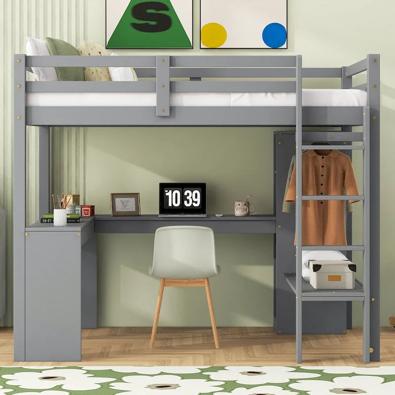 Lit mezzanine blanc en bois de pin avec bureau en L et étagères de rangement