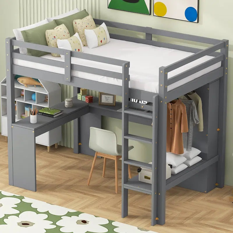 Lit mezzanine blanc en bois de pin avec bureau en L et étagères de rangement