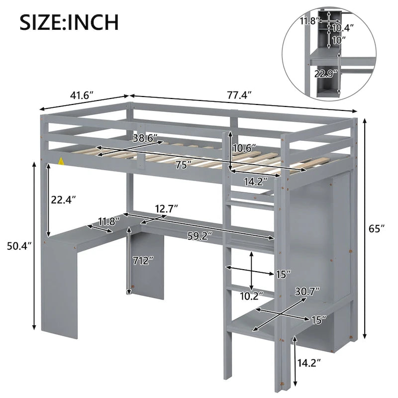 Lit mezzanine blanc en bois de pin avec bureau en L et étagères de rangement