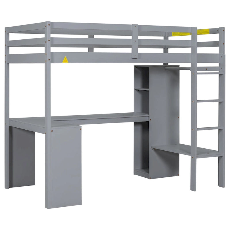 Lit mezzanine blanc en bois de pin avec bureau en L et étagères de rangement