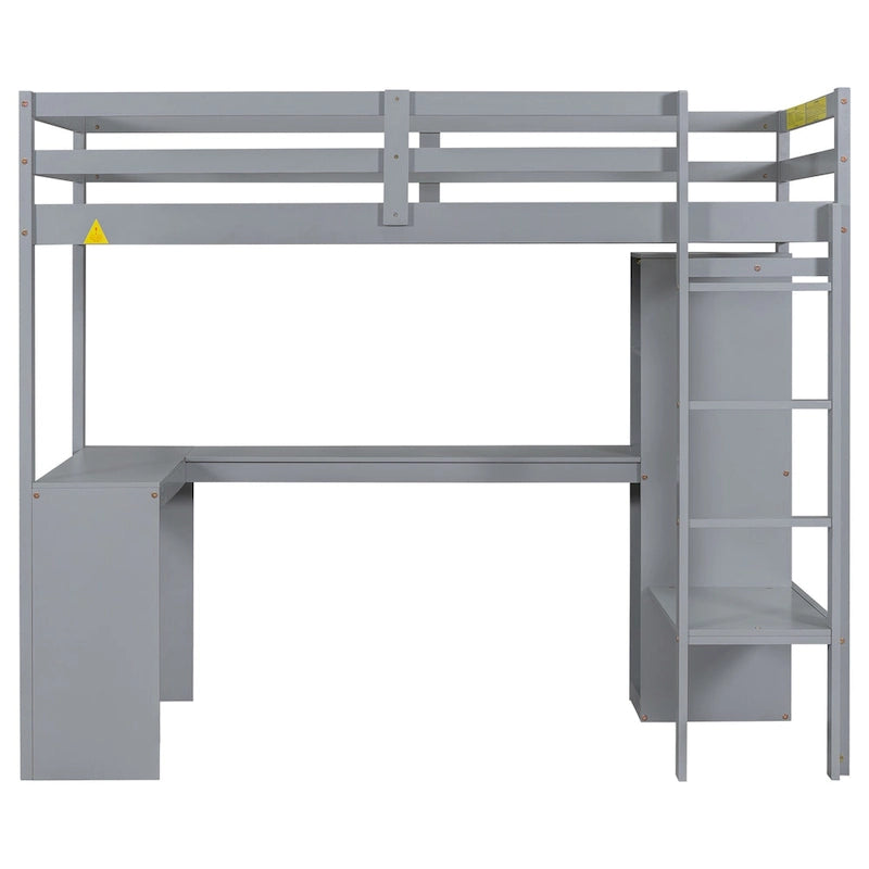 Lit mezzanine blanc en bois de pin avec bureau en L et étagères de rangement