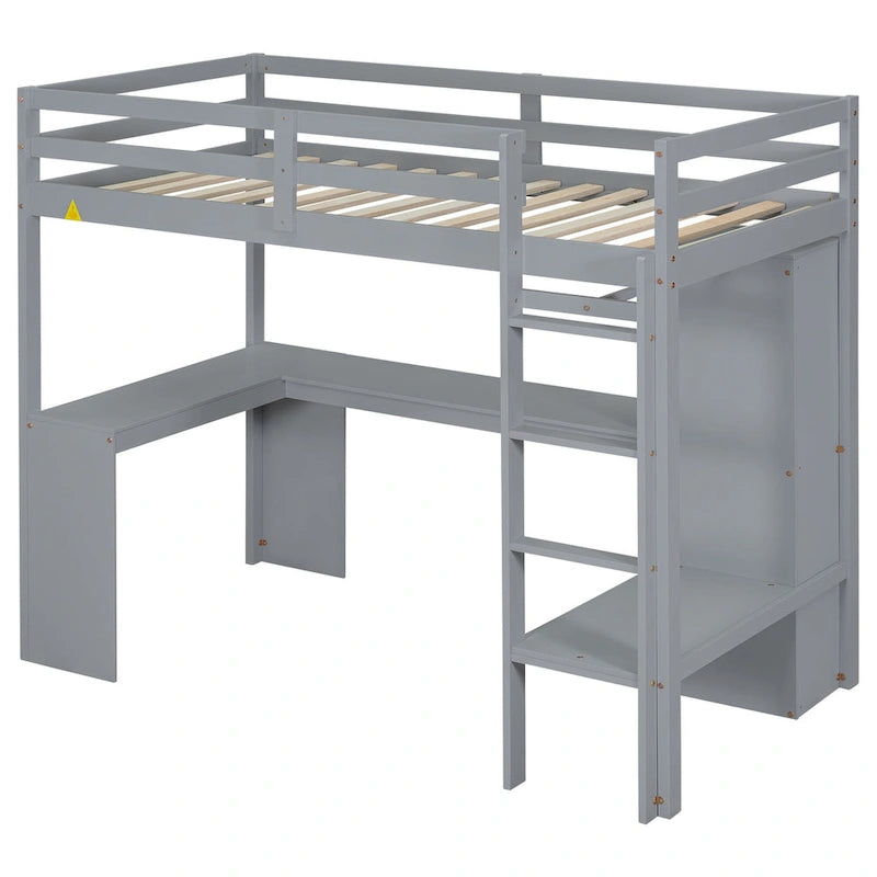 Lit mezzanine blanc en bois de pin avec bureau en L et étagères de rangement