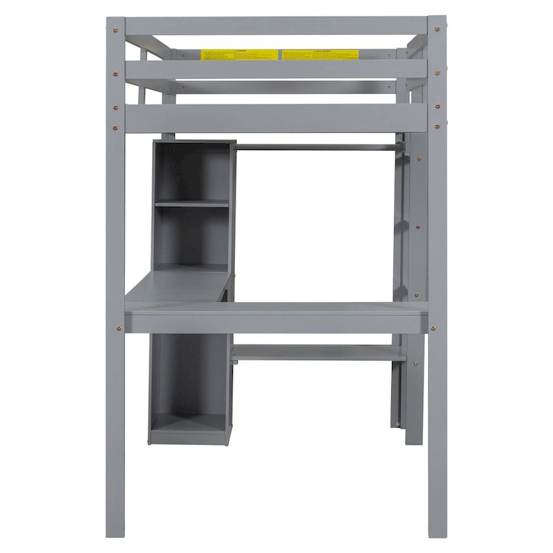 Lit mezzanine blanc en bois de pin avec bureau en L et étagères de rangement