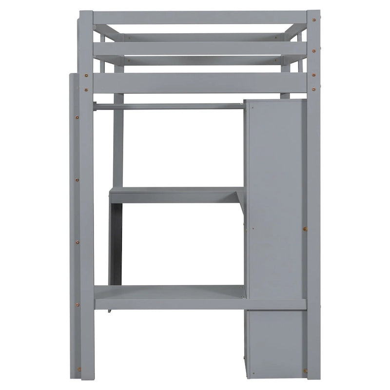 Lit mezzanine blanc en bois de pin avec bureau en L et étagères de rangement