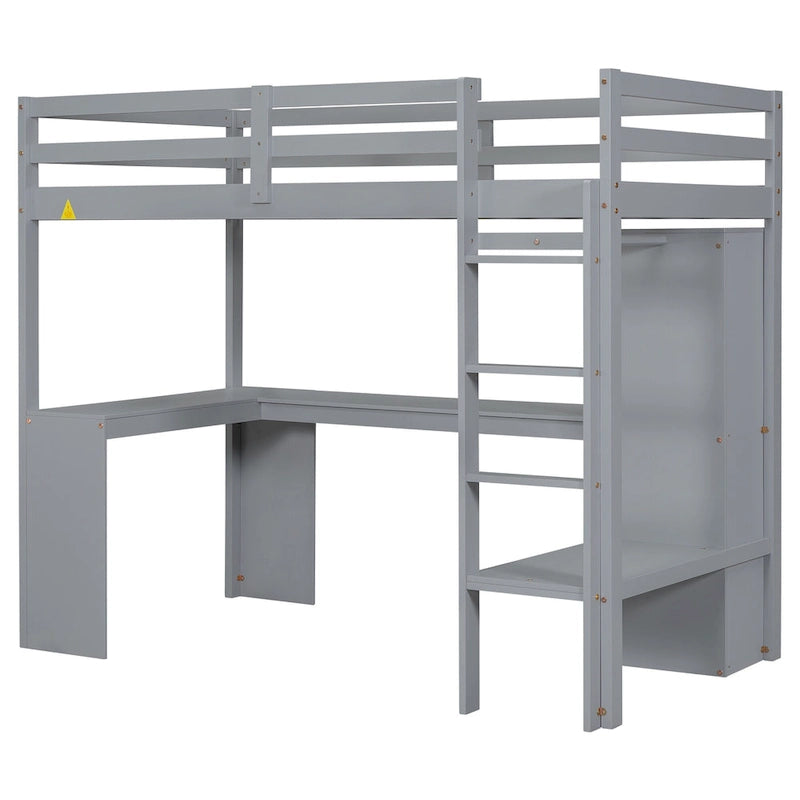Lit mezzanine blanc en bois de pin avec bureau en L et étagères de rangement