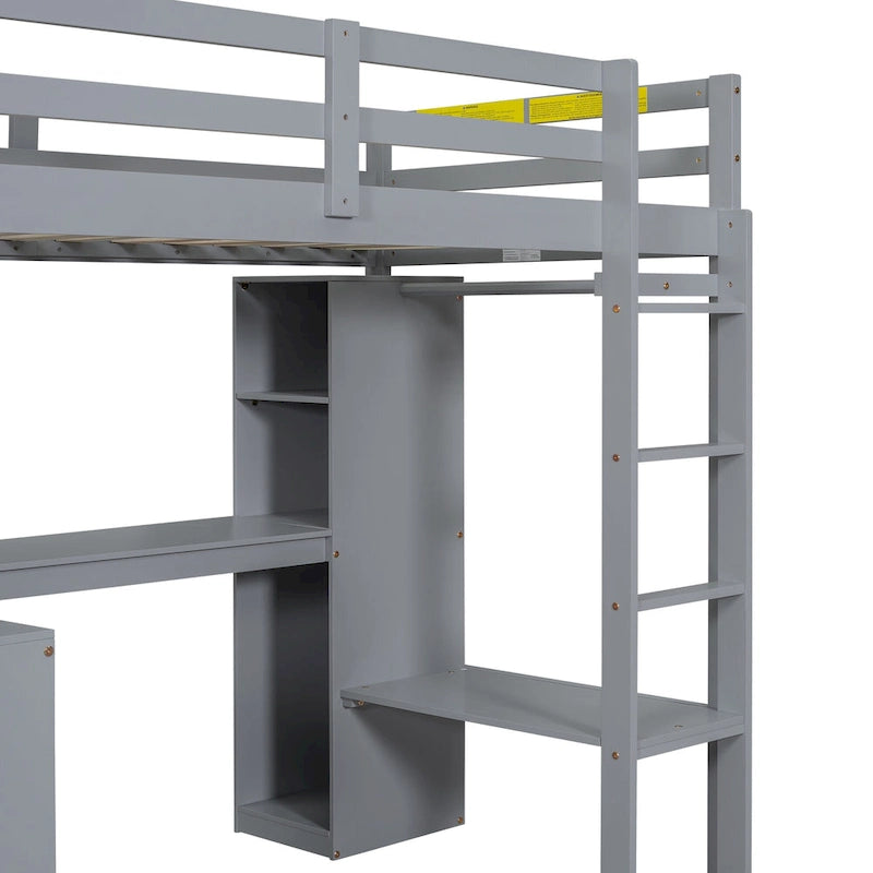 Lit mezzanine blanc en bois de pin avec bureau en L et étagères de rangement