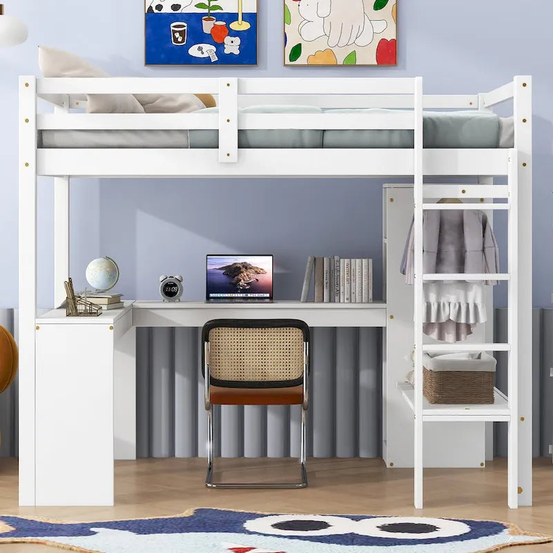 Lit mezzanine blanc en bois de pin avec bureau en L et étagères de rangement