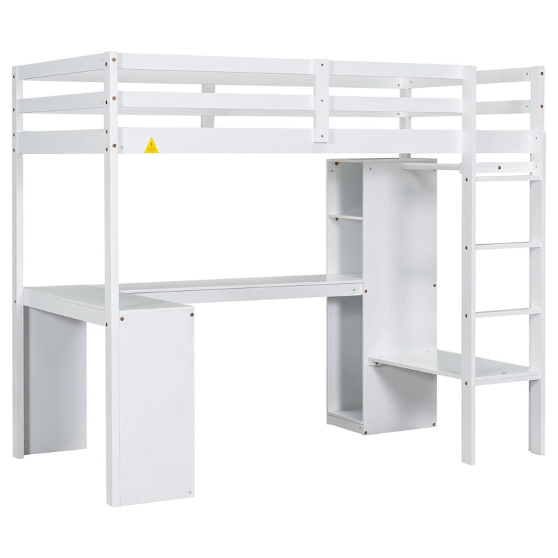 Lit mezzanine blanc en bois de pin avec bureau en L et étagères de rangement
