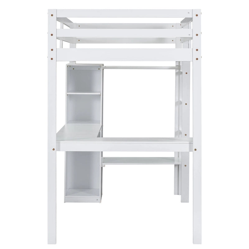 Lit mezzanine blanc en bois de pin avec bureau en L et étagères de rangement
