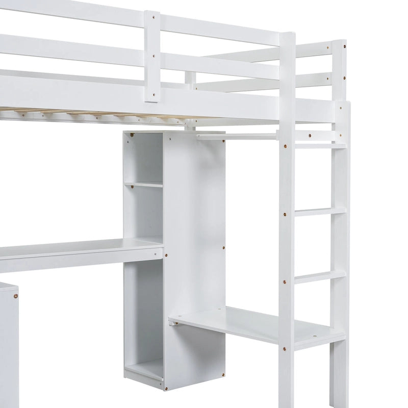 Lit mezzanine blanc en bois de pin avec bureau en L et étagères de rangement