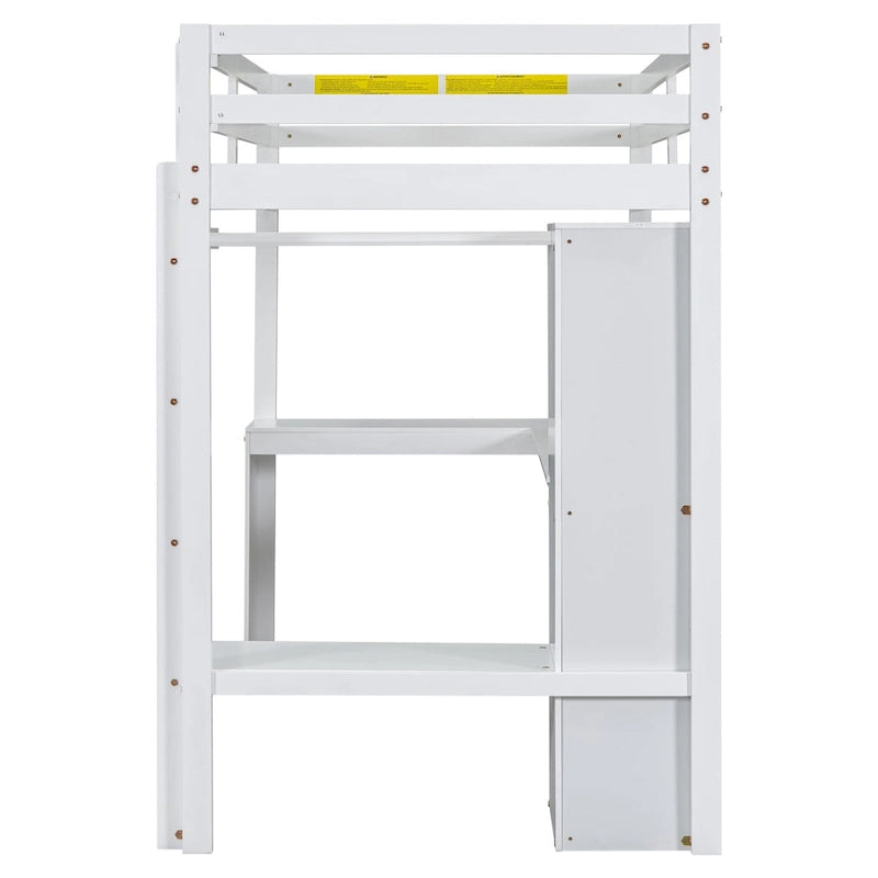 Lit mezzanine blanc en bois de pin avec bureau en L et étagères de rangement