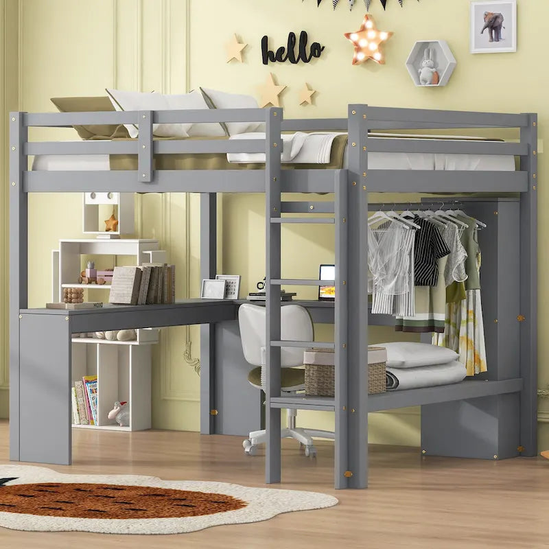 Lit mezzanine blanc en bois de pin avec bureau en L et étagères de rangement